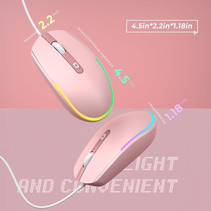 seenda Wired Mouse - USB Corded Mouse with Colorful RGB Backlit, Plug and Play, 1600 DPI Optical Tracking，Silent Computer Mouse for Laptop, PC, Chromebook, Desktop, Office, School, Home, Pink