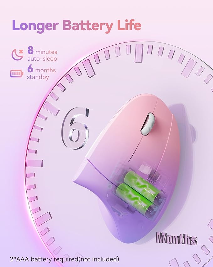 TECKNET Ergonomic Mouse Vertical Wireless with 2.4GHz USB Receiver - Optical Carpal Tunnel Mice Right Hand, 4800 DPI Adjustable, Quiet Clicks, 6 Buttons for Laptop, Desktop, PC, Computer - Pink Purple