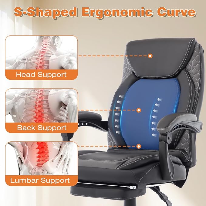 Reclining Ergonomic Office Chair with Footrest, Big Tall Recliner Office Desk Chairs with Lumbar Support, 400lbs Heavy Duty High Back Leather Executive Computer Chair with Wheels, Back Grey