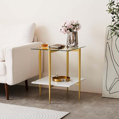 LumFurn Square Glass End Table, Mid-Century Modern Design Sofa Table, for Living Room, L18 x W18 x H23, Clear Glass Top and White Marble MDF Shelf, Sleek Conical Metal Legs with Gold Finish