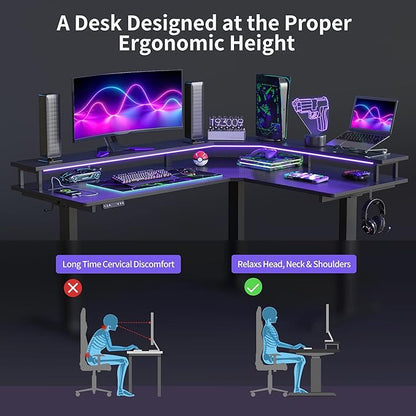 FEZIBO 63"x49" L Shaped Standing Desk with LED Strip & Power Outlets, Height Adjustable Stand up Corner Gaming Desk with Ergonomic Monitor Stand, Black Top/Black Frame（2 Packages）