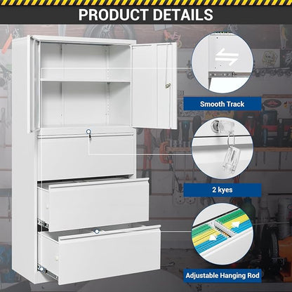 Fesbos 3 Drawers Metal Lateral File Cabinet with Lockable Drawer and Dorrs - White Large Steel Filing Cabinet for Home Office Hanging Files Letter/Legal/F4/A4 Size