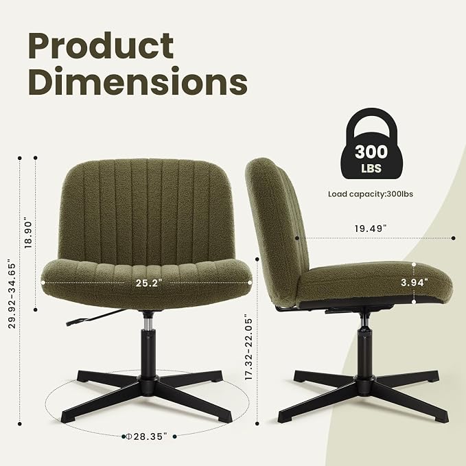 IWMH Criss Cross Chair, Cross Legged Office Chairs no Wheels, Armless Wide Seat Desk Chair with Adjustable Height for Home, Vanity, Bedroom (Green)