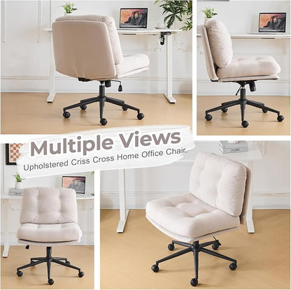 VINGLI Criss Cross Cloud Seat,Comfy Corduroy Cross Legged Office Desk Chair with/no Wheels,Cute Vanity Stool, Adjustable Wide Seat,Modern Swivel Perch for Study, Make Up, Home Office，Light Khaki