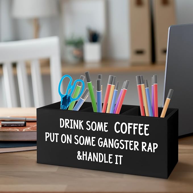 Funny Coffee Wooden Pen Pencil Holder for Office Desk Accessories, Inspirational Gifts for Coworkers Coffee Lovers Women Men Friends, Humorous Quote Makeup Brush Toothbrush Holder Organizer