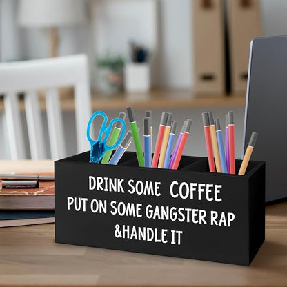 Funny Coffee Wooden Pen Pencil Holder for Office Desk Accessories, Inspirational Gifts for Coworkers Coffee Lovers Women Men Friends, Humorous Quote Makeup Brush Toothbrush Holder Organizer