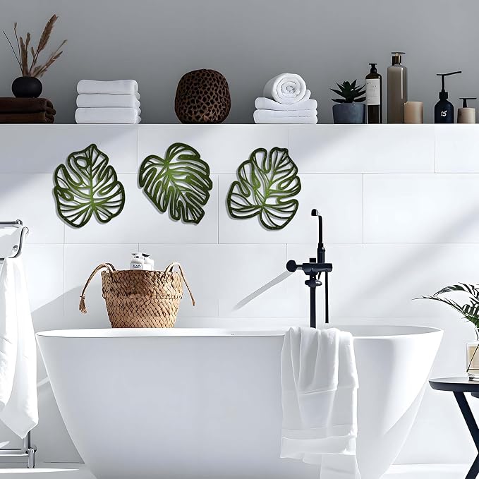 Palm Leaves Wood Wall Decor, 3Pcs Tropical Wall Art Jungle Decor, Wooden Natural Leaves Plant Wall Decor, Vintage Tropical Plant Plaque for Home Living Room Kitchen Bedroom Bathroom & Garden, Green