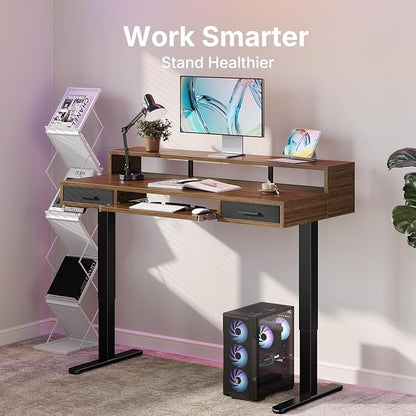 HUANUO 48″ x 26″ Electric Standing Desk with 2 Drawers &24.4″ Large Keyboard Tray, C-Clamp Mount Compatible, Adjustable Computer Desk for Office, Sit Stand Up Desk with 4 Height Presets, Deep Walnut
