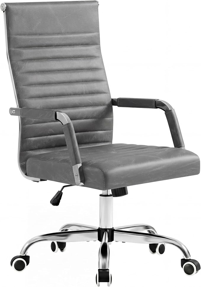 Furmax Ergonomic Office Desk Chair, Executive Ribbed Mid-Back PU Leather Conference Room Chair Adjustable Swivel Chair with Arms (1, Bicolor Vintage Grey)