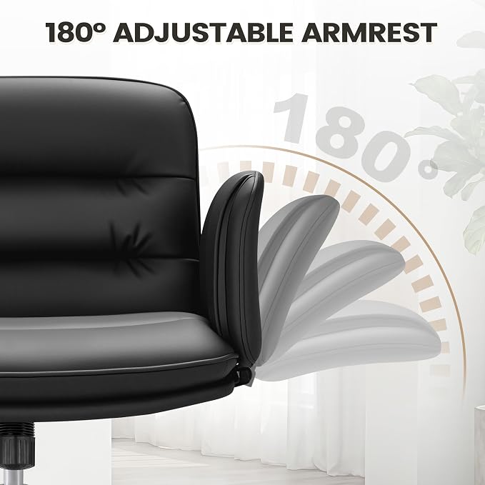 Furmax Vanity Chair with Adjustable Armrests, Comfortable Oversized PU Leather Criss Cross Chair with Wheels, Wide Office Desk Chair for Home, Make Up, Bed Room (Black)