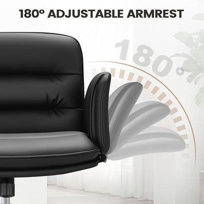 Furmax Vanity Chair with Adjustable Armrests, Comfortable Oversized PU Leather Criss Cross Chair with Wheels, Wide Office Desk Chair for Home, Make Up, Bed Room (Black)