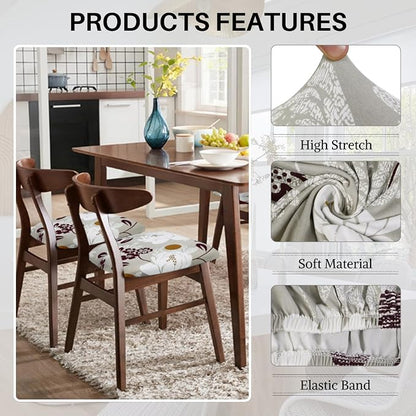 SearchI Water Repellent Seat Covers for Dining Chairs, 6 Pack Jacquard Stretch Dining Room Chair Seat Covers, Kitchen Chair Seat Covers Protectors(Brown Flower)
