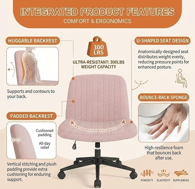 Criss Cross Chair with Wheels Wide Cross Legged Cute Office Desk Comfy Vanity Makeup Chair Fabric Height Adjustable Swivel for Home Computer Task, Pink