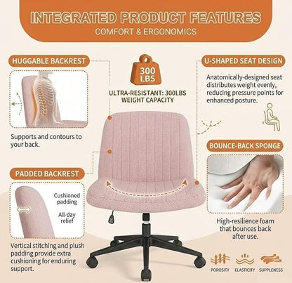 Criss Cross Chair with Wheels Wide Cross Legged Cute Office Desk Comfy Vanity Makeup Chair Fabric Height Adjustable Swivel for Home Computer Task, Pink