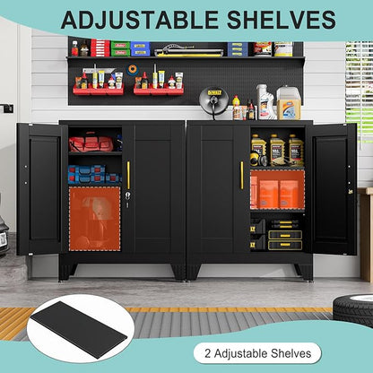 pozdeg 35.43" Metal Storage Cabinet with Lock, Metal File Cabinet with 2 Doors ＆ 2 Adjustable Shelves, Steel Locker Utility Tool Garage Cabinets for Home, Office, Warehouse (Black)