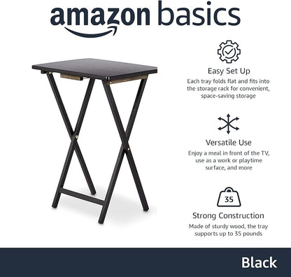 Amazon Basics Portable Foldable TV Tray Table with Storage Rack, Space-Saving Design, 15" x 19" x 26", Black, 4-Pack
