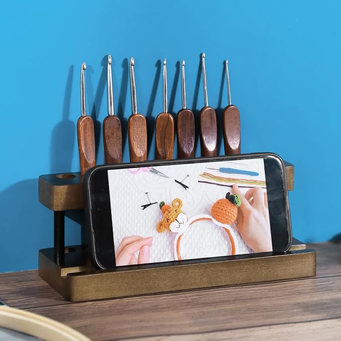 Pencil & Pen organizer for Desk,Wooden pen holder with Phone Stand for Office & Home,Solid Walnut Pencil Display Stand (Single-row - Walnut)
