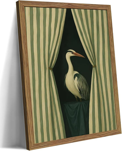 Framed Bird Wall Art, Elegant Heron Canvas Print, Vintage Coastal Bird Wall Decor, Abstract Heron Painting, Striped Curtain Picture Poster Artwork for Living Room Bedroom 12x16 inch