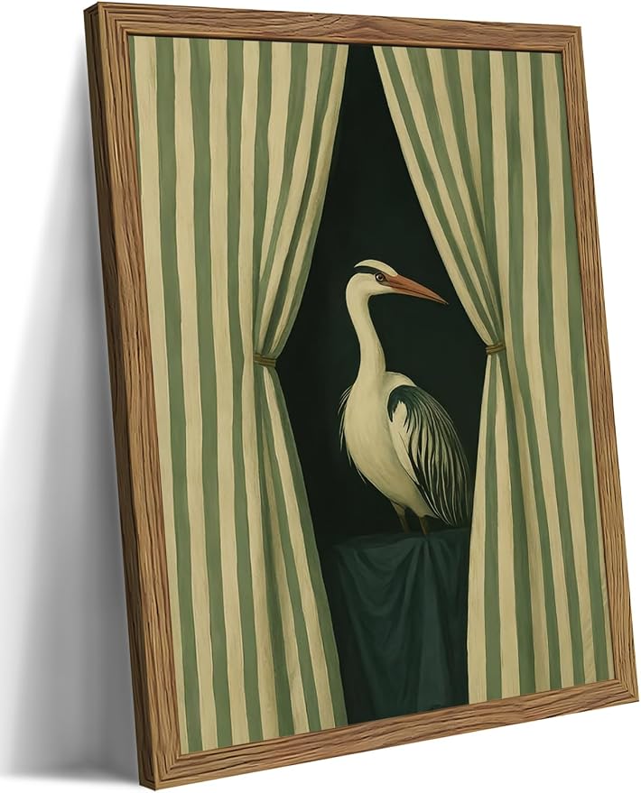 Framed Curtain Crane Canvas Wall ArtFramed Bird Wall Art, Elegant Heron Canvas Print, Vintage Coastal Bird Wall Decor, Abstract Heron Painting, Striped Curtain Picture Poster Artwork for Living Room Bedroom 16x24 inch