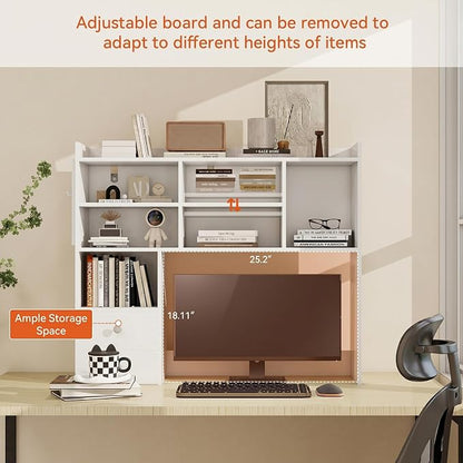 ELECWISH Desktop Bookshelf, Desk Shelf with 2 Drawers for Computer Desk, 36.22" 7-Tier Adjustable Desktop Hutch Organizer with Pegboard for Home Office, White