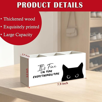 Funny Sarcastic Black Cat Pen Pencil Holder Organizer for Office Desk Accessories, Funny Office Gifts for Coworkers, It's Fine I'm Fine Everything Is Fine Wood Signs for Desk Tabletop Decor