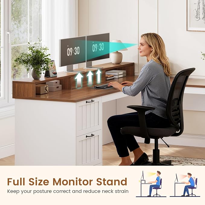 SEDETA Farmhouse L Shaped Desk with Drawers, 63" Office Desk with File Drawers, Wood Corner Computer Desk with Storage, Home Office Desk with Monitor Stand and Storage Cabinet, Walnut and White