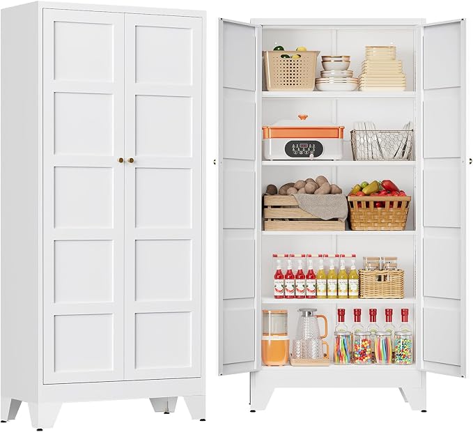 71" Tall Kitchen Cabinet Storage Unit With 2 Doors and 4 Adjustable Shelves, Metal White Freestanding Cupboard, 5 Tier Kitchen Pantry Storage Cabinet for Kitchen Dining/Living Room/Garage/Home/Office