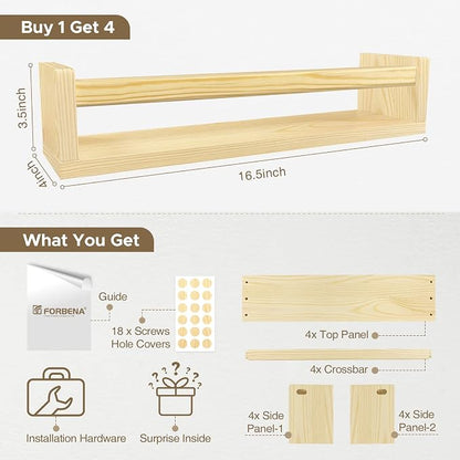 Forbena Natural Wood Nursery Book Shelves Wall Mounted, Floating Bookshelf for Kids Room, Baby Toys and Books Storage Organizer Bookshelves for Toddler Child Bedroom Bathroom (4 Pack Light Wood)