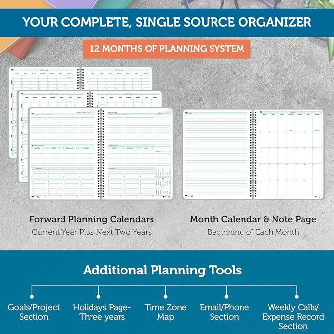 Planner Pad Spiral Bound July 2026 – June 2027 / Academic Year 8 1/2" x 11" Large 3-Tier Funnel Down 12 Month/Weekly Size Organizer, Greenish Grey Cover/Soft Green Ink