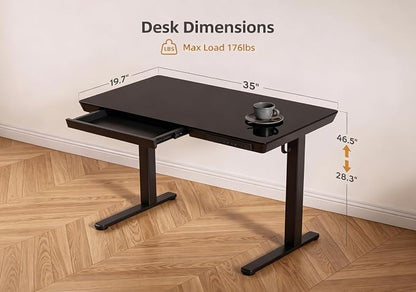 Claiks Small Glass Standing Desk with Drawers & USB Ports, 35 Inch Adjustable Stand Up Desks with Storage, Quick Install One-Piece Computer Desks for Small Space and Home Office, Black
