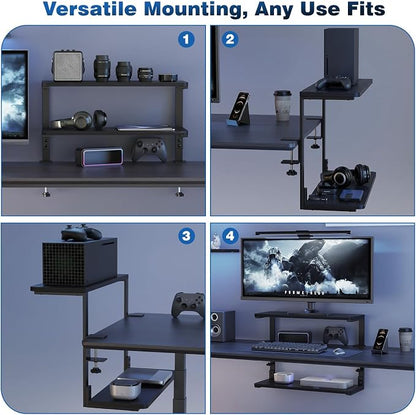 2-Tier Desk Extender, 22-inch Clamp-On Desk Shelf, Height-Adjustable Desktop Shelf Organizer for Monitors Office and Gaming Accessories, Arm Support Table Extension, Black