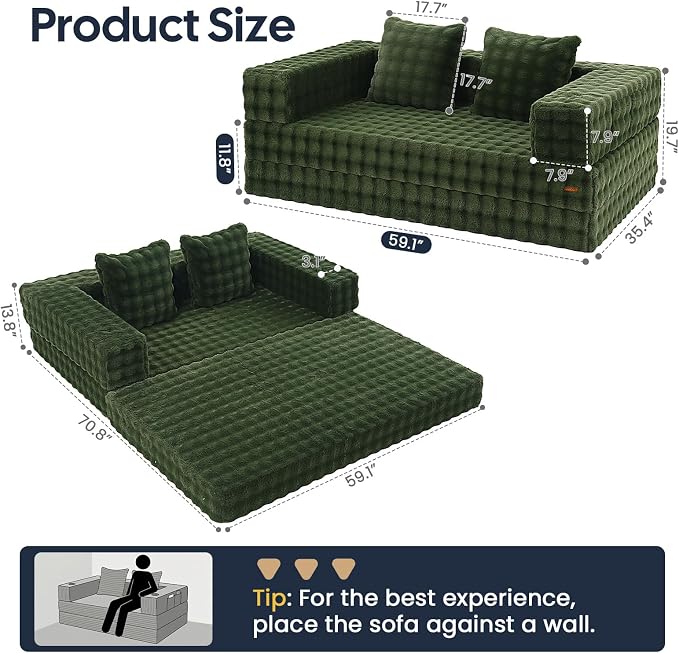 COMAX Futon Sofa Bed, 4‑in‑1 Convertible Sofa Bed, Folding Boneless Couches | Boneless Couch for living room, Fold Out Small Foldable Loveseat Floor Sleeper Mattress Lounge Space‑Saving, Classic Green