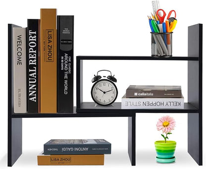 Hossejoy Desk Shelf, Adjustable Desktop Storage Organizer, Wood Display Shelf Rack, Office Supplies Desk Organizer, Black