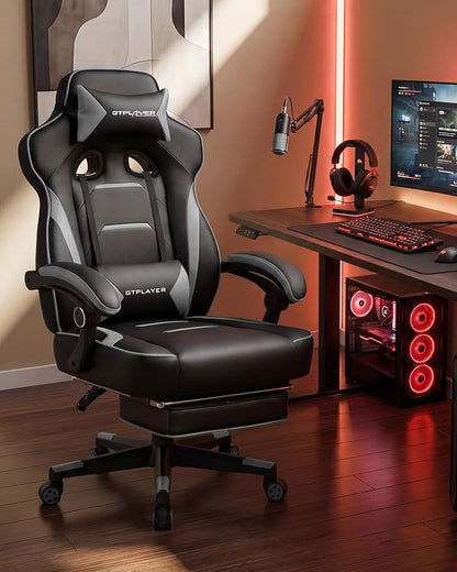 GTPLAYER Gaming Chair with Footrest, Big and Tall Computer Game Chair 350lb Racing Style, Ergonomic High Back Lumbar Support and Recliner, Moon Gray