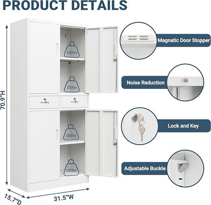 71" H Tall Metal Storage Cabinet with 2 Drawers, Metal Garage Storage Cabinet with Lock and 2 Adjustable Shelves for Home, Office, Garage, Warehouse Organize, White