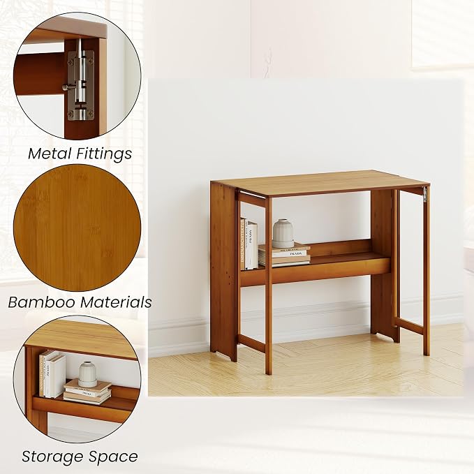 Wood Foldable Desk,Space Saving Foldable Table Bamboo Folding Desk Study Table with Bookshelf for Office Home Study Bedroom