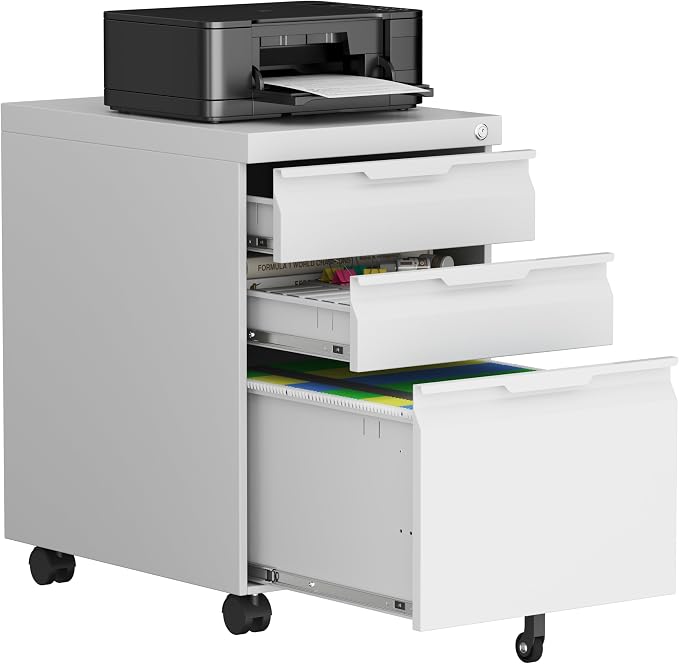 3 Drawer White Mobile File Cabinet with Wheels, Metal Small Filing Cabinets for Home Office Organizer,Rolling Filing Cabinets Under Desk Storage for Letter/Legal/A4 Files