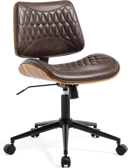 Walnut Bentwood Mid Back Armless Office Chair 1 Pack, Adjustable Height PU Leather Swivel Desk Chair with Wheels, Rolling Computer Task Chair for Home Office, Study, Meeting Room