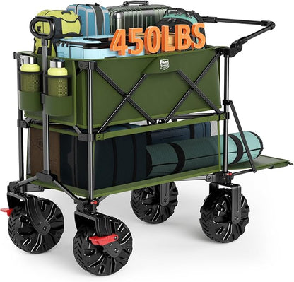 TIMBER RIDGE Push & Pull Double Decker Wagon, 400L Large Capacity Heavy Duty & 450lb Load, Collapsible Cart with All-Terrain Wheels & Brakes, 54” Extended Foldable for Sports, Beach, Camping, Green