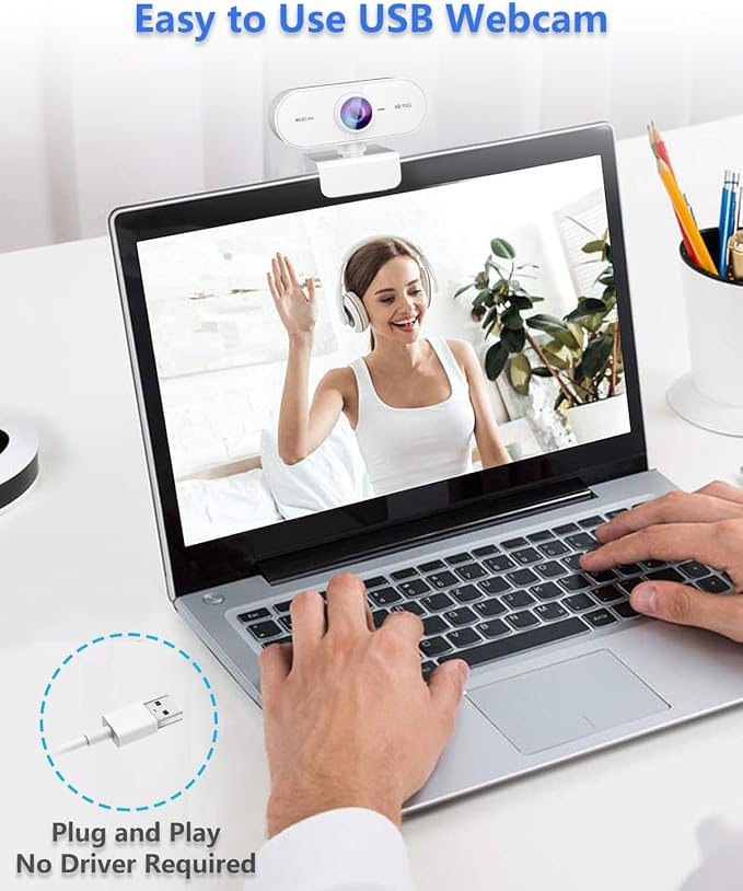 Webcam 1080P HD Web cam for PC with Microphone,Noise Cancellation,Wide-Angle Lens,Auto Light Correction,Plug & Play USB Webcams for Laptop,Desktop,PC,Mac,Zoom,Skype White