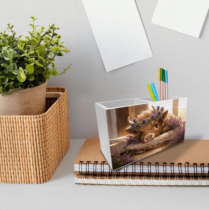 Spring Thistle Lavender Highland Cow Pen Holder for Desk, Highland Cow Gifts Wooden Box Sign Desk Decor for Home Office Decoration, Cottagecore Flower Heifer Pencil Organizer