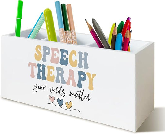 Speech Therapy Gift Decor for Desk Pen Holder,Speech Therapy Room Decor Womens Desk Accessories for Office Bathroom Wooden Pen Holder