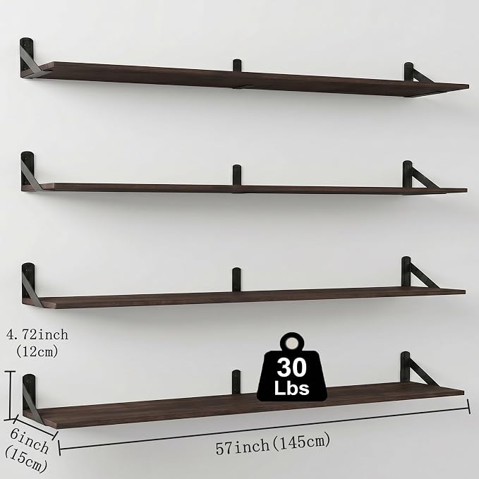 Long Wall Shelf,Large Floating Shelves for Wall,Wood Floating Bookshelves Hanging,Book Storage Display for Living Room Bedroom Office Bathroom Decor,4 Pack,57 Inch,Dark Brown