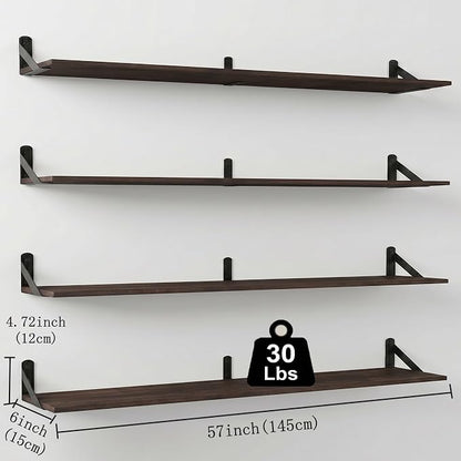 Long Wall Shelf,Large Floating Shelves for Wall,Wood Floating Bookshelves Hanging,Book Storage Display for Living Room Bedroom Office Bathroom Decor,4 Pack,57 Inch,Dark Brown