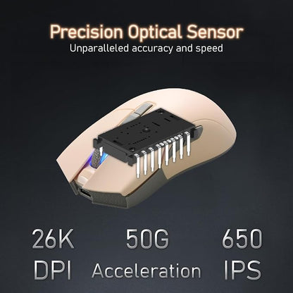 iRocks M31R Wireless Gaming Mouse, Triple Mode 2.4G/ Bluetooth/USB-C Detachable Cable Gaming Mouse, Kailh GM8.0 Switches, Advanced PixArt PAW3395 Optical Sensor, Up to 26,000 DPI - Beige