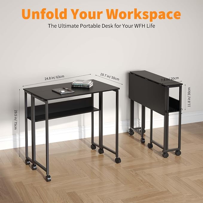 24.8" Folding Rolling Desk with Storage Shelf, Small Foldable Computer Table on Wheels for Home Office & Small Spaces, Portable Workstation with Brakes, Black