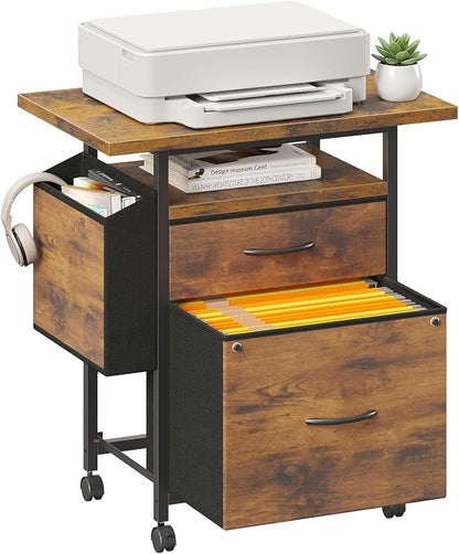 DUMOS 2 Drawer Mobile File Cabinet, Rolling Printer Stand with 24'' Wide Desktop, Fabric Drawer Cabinet Under Desk Fits A4 Size, Printer Cart with Storage Side Bag for Home Office, Rustic Brown