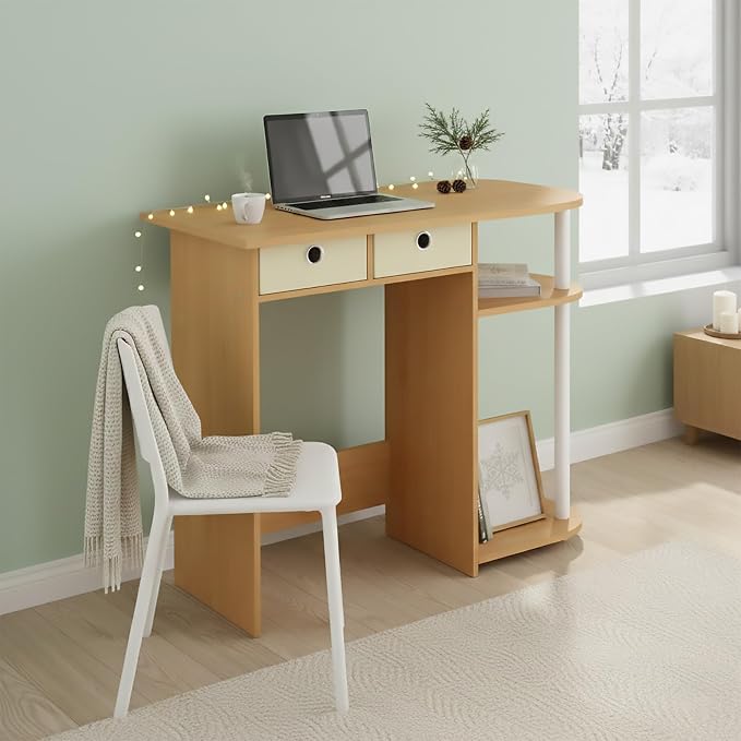 Ipoh Home Computer Desk, 32 Inch Writing Desk, Study Desk with Side Shelves and Bin Storage, for Home Office, Study Room, Natural/White