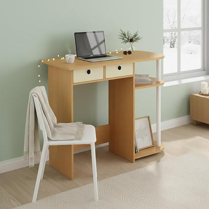 Ipoh Home Computer Desk, 32 Inch Writing Desk, Study Desk with Side Shelves and Bin Storage, for Home Office, Study Room, Natural/White