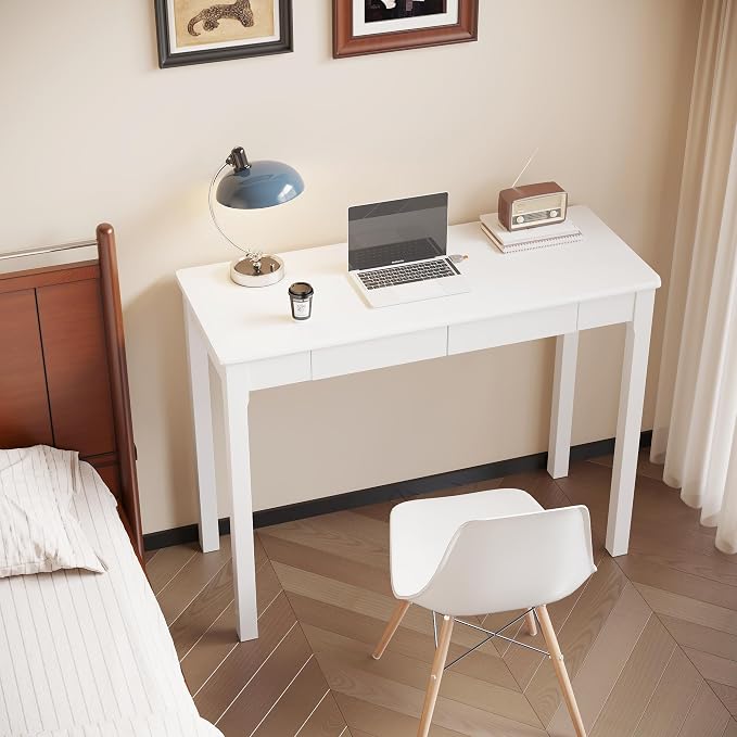 Solid Wood Desk with Drawers - 39" Narrow Desks for Small Spaces, Mid Century Modern Desks, Small Wooden Vintage Computer Writing Desk, Study Table for Home Office Bedroom, White